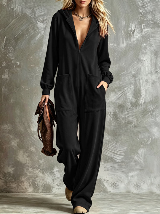 Damen Zip‑Hoodie‑Jumpsuit mit Kapuze, Kängurutaschen und weitem Bein Shop Nory