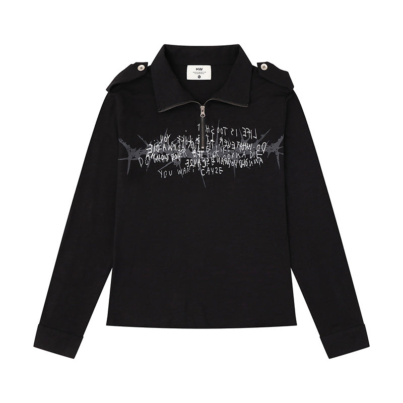 Damen Longsleeve-Poloshirt mit Kurzreißverschluss, Schulterpatten und Statement-Print Shop Nory