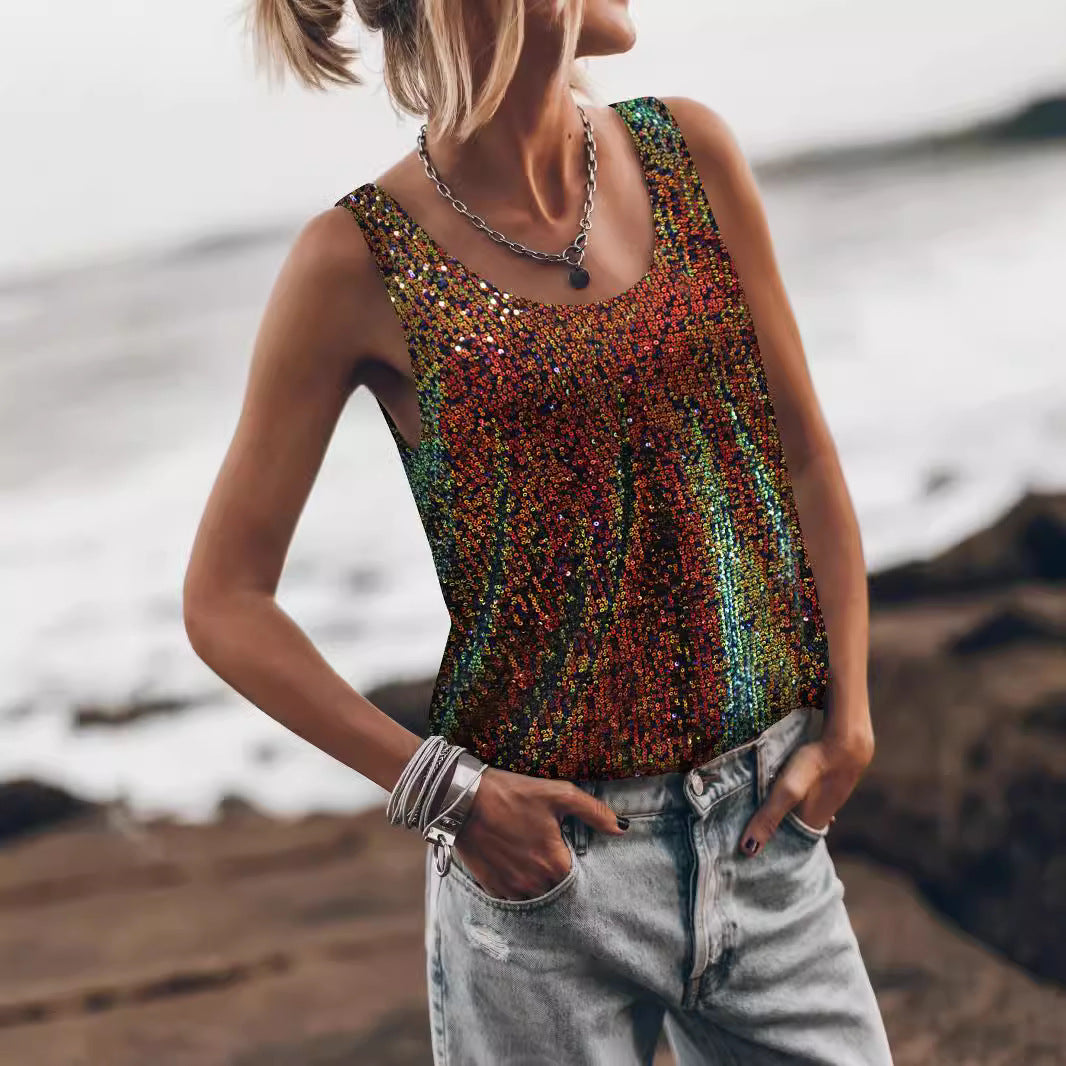 Damen Glitzerndes Top mit tiefem Rundhalsausschnitt und leichter A-Linie