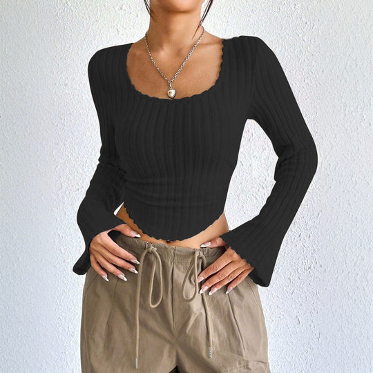 Damen geripptes Crop-Top mit quadratischem Ausschnitt, gewelltem Saum und ausgestellten Ärmeln Shop Nory