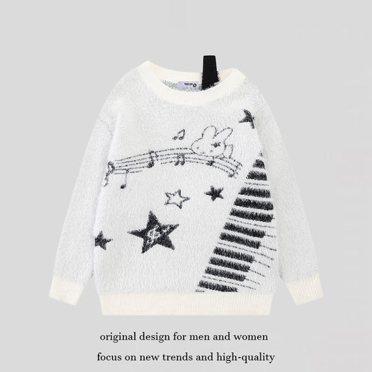 Damen Kuscheliger Strickpullover mit Cartoon-Noten- und Sternmotiv Shop Nory