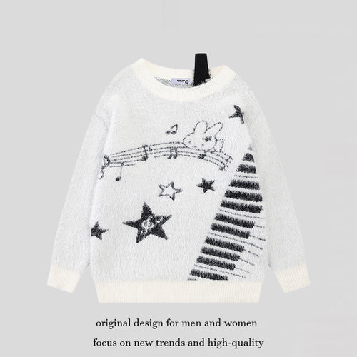 Damen Kuscheliger Strickpullover mit Cartoon-Noten- und Sternmotiv Shop Nory