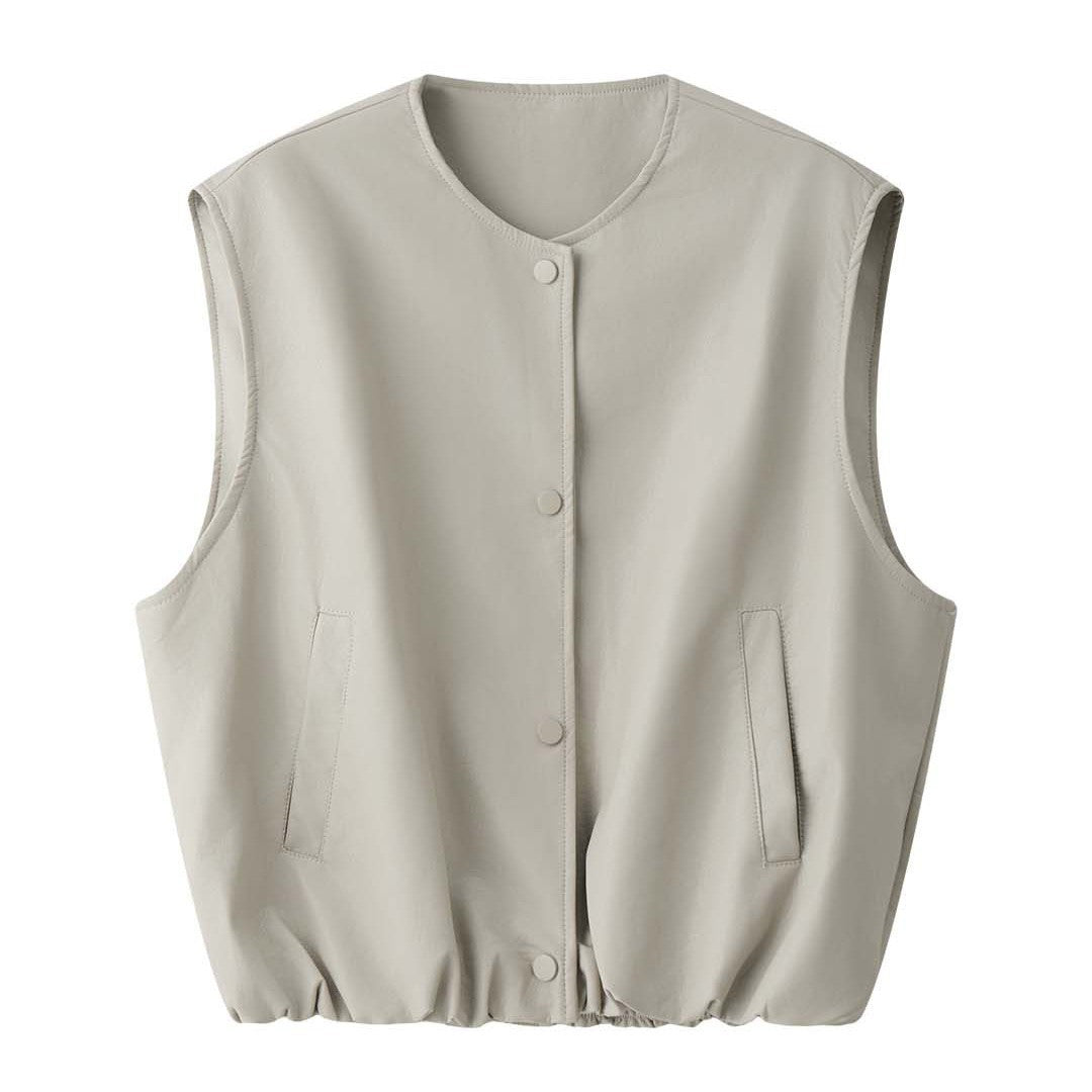 Damen Ärmellose Lederimitat-Weste mit Druckknopfverschluss und lockerer Layering-Silhouette Shop Nory