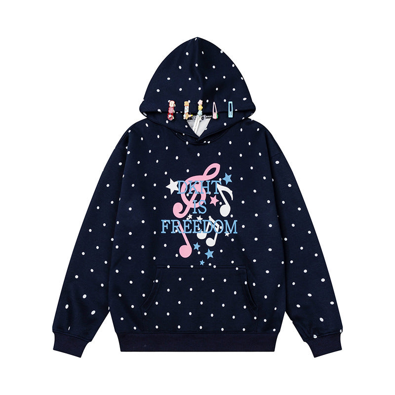 Damen Kapuzenpullover mit Polka-Dot, musikalischem Notenprint und Kängurutasche Shop Nory