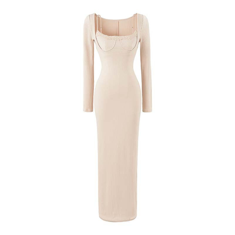 Damen Figurbetontes Maxi-Kleid mit Korsett-Detail, Rippstrick und langen Ärmeln Shop Nory