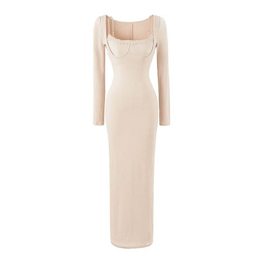 Damen Figurbetontes Maxi-Kleid mit Korsett-Detail, Rippstrick und langen Ärmeln Shop Nory