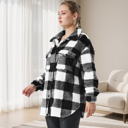 Damen Oversized Teddy-Hemdjacke mit Karomuster Shopy Nory