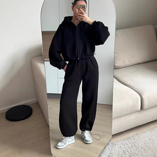 Damen Oversize Sweatset mit Reißverschluss Bomberjacke und Highwaist Jogginghose Shop Nory