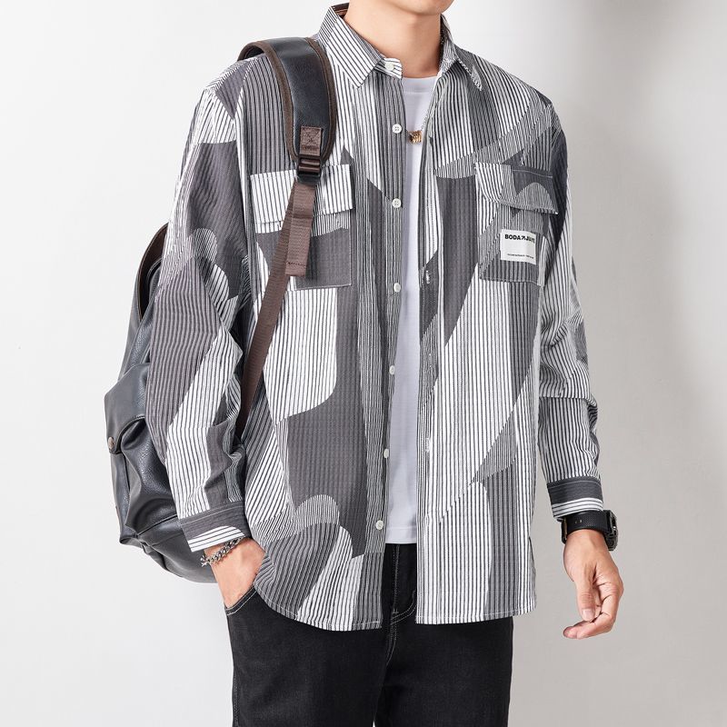 Herren Lockeres Hemdjacke im grafischen Nadelstreifen-Mix mit aufgesetzten Brusttaschen Shop Nory