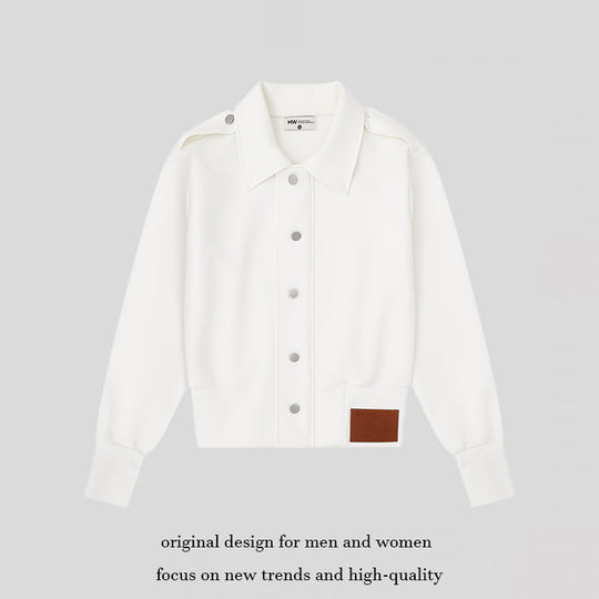 Damen Kurz geschnittene Sweatjacke mit Hemdkragen Schulterklappen und Lederpatch Shop Nory