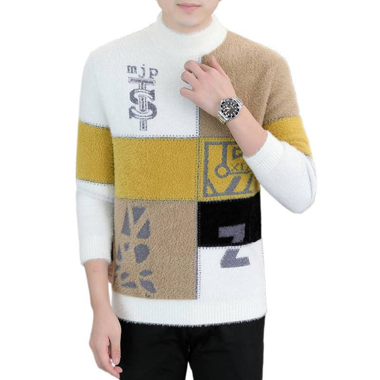 Herren Gemusterter Rollkragenpullover aus flauschigem Bouclé‑Mix mit Patch‑Intarsien Shop Nory