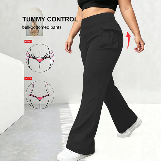 Damen High-Waist Flared-Leggings mit seitlichen Rüschen- und Handytaschen Shopy Nory