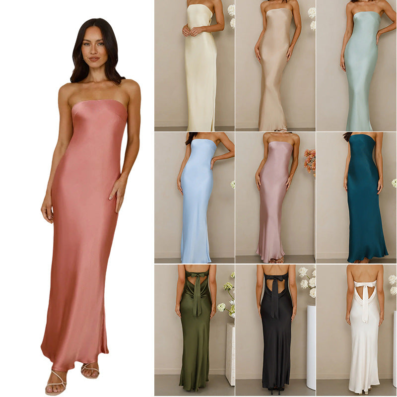 Damen Elegantes schulterfreies Maxikleid aus satinähnlichem Material Shopnory