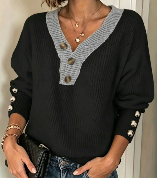 Damen Feinstrickpullover mit tiefem V-Ausschnitt, kontrastierter Knopfleiste und Zierknopf-Ärmeln Shop Nory