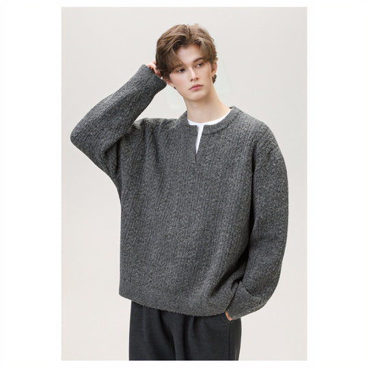 Damen Grobgestrickter Zopfmuster-Pullover mit V‑Ausschnitt und Lagen‑Optik Shop Nory