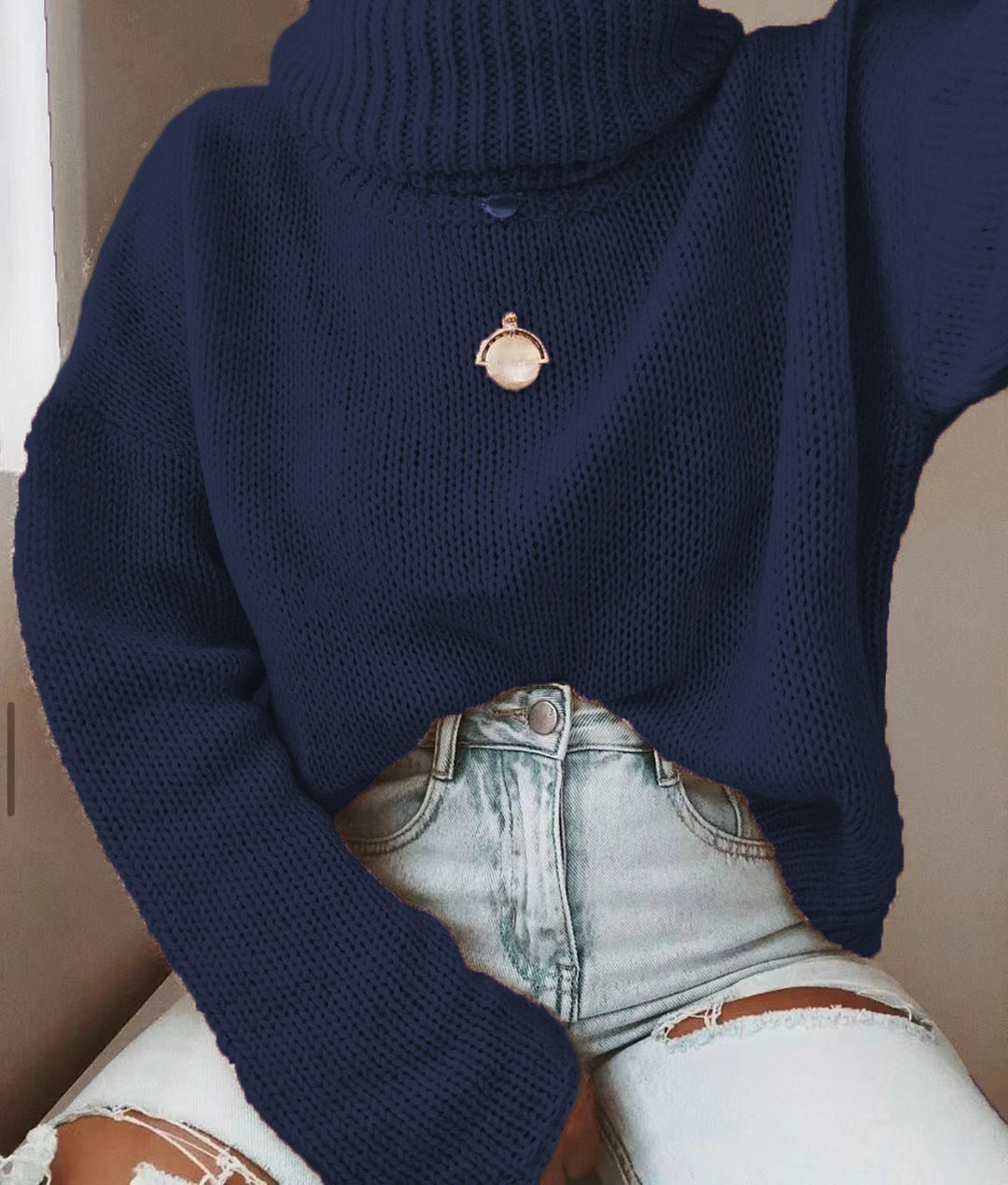 Damen Oversize Rollkragenpullover grobgestrickt mit weitem Schnitt Shop Nory