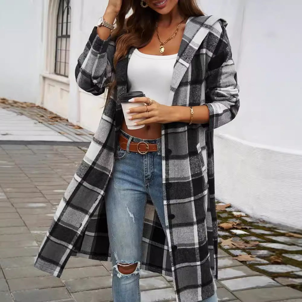 Damen Karomuster Longjacke mit Kapuze