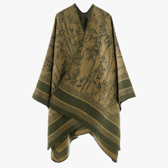 Damen Jacquard‑Poncho im Cape‑Stil mit Bambusmotiv und offener Vorderseite Shop Nory
