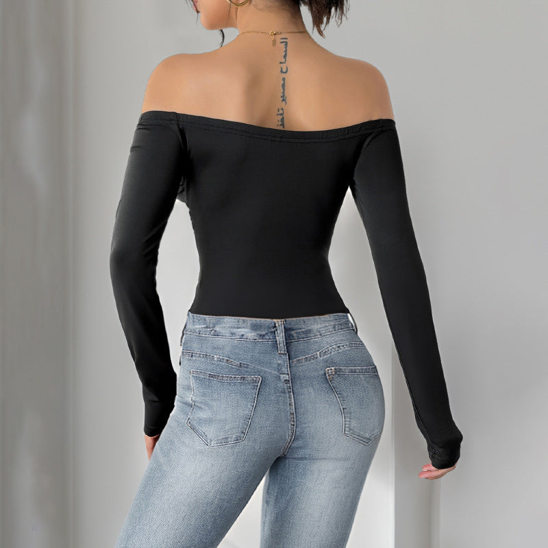 Damen Schulterfreies Longsleeve mit Rosenapplikation und taillierter Raffung Shop Nory
