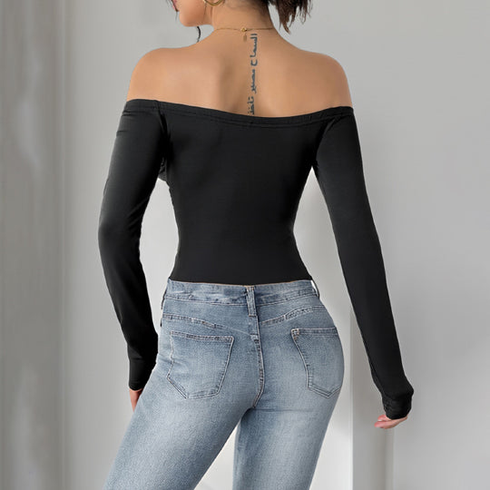 Damen Schulterfreies Longsleeve mit Rosenapplikation und taillierter Raffung Shop Nory