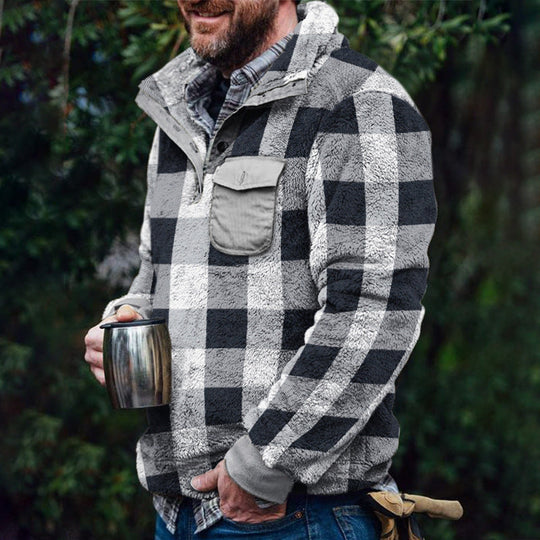 Herren Fleece-Pullover mit Karomuster und Hohem Kragen