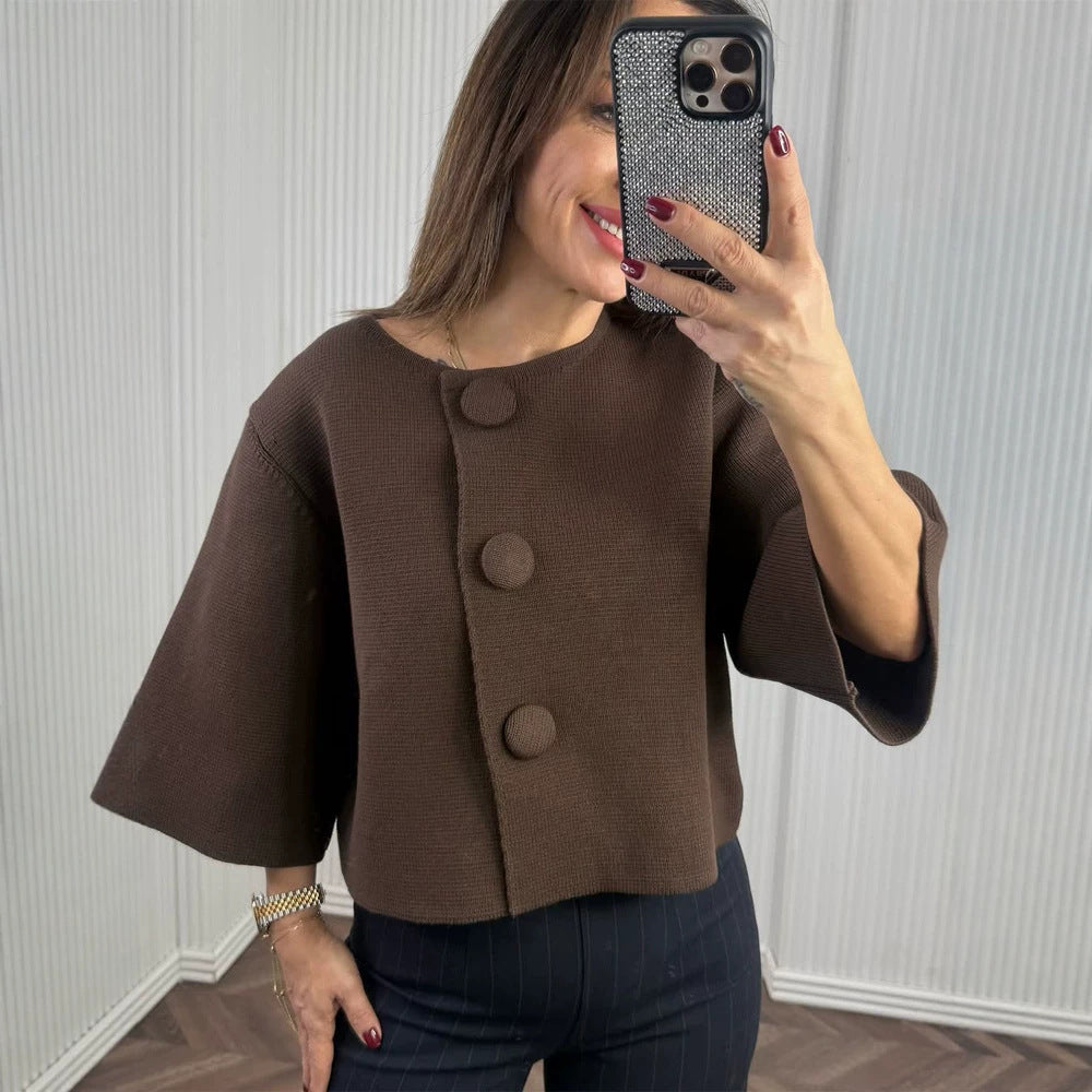 Damen Kurze Boxy Strickjacke mit großen Stoffknöpfen Shop Nory