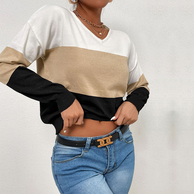 Damen Eleganter V‑Ausschnitt Feinstrickpullover mit breiten Blockstreifen Shop Nory