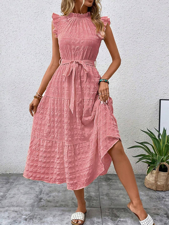 Damen Midikleid mit Stehkragen, Rüschenärmeln und Taillengürtel Shop Nory
