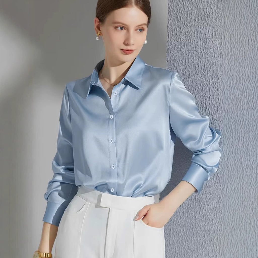 Damen Luxus Satin-Bluse mit elegantem Kragen und weichen Ärmeln