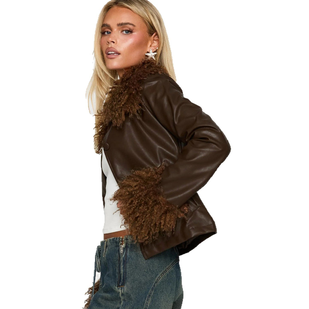 Damen nan kurze Kunstlederjacke mit voluminösem Fellkragen und Fellmanschetten Shop Nory