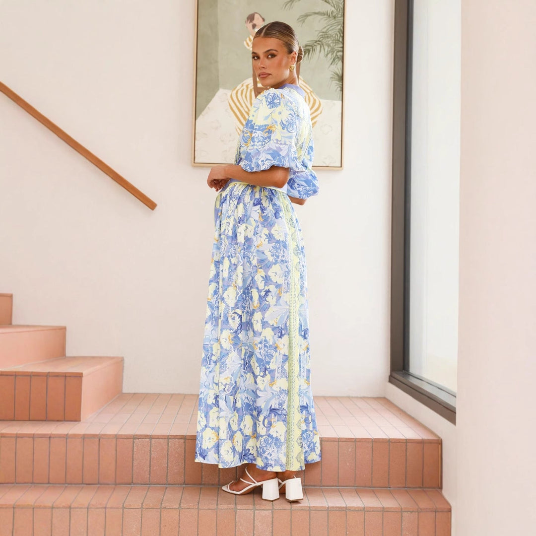 Damen Maxikleid mit floralem Knopfleisten-Design und tailliertem Gürtel