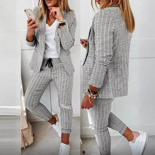 Damen nan zweiteiliges Karomuster Business-Casual Blazer-Set mit elastischer Bundhose Shop Nory