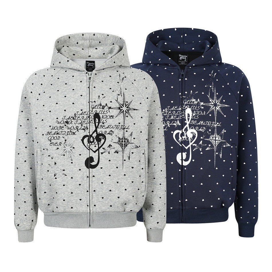 Damen Zip‑Hoodie im Herz-Allover mit Notenschlüssel‑Print und Kängurutaschen Shop Nory