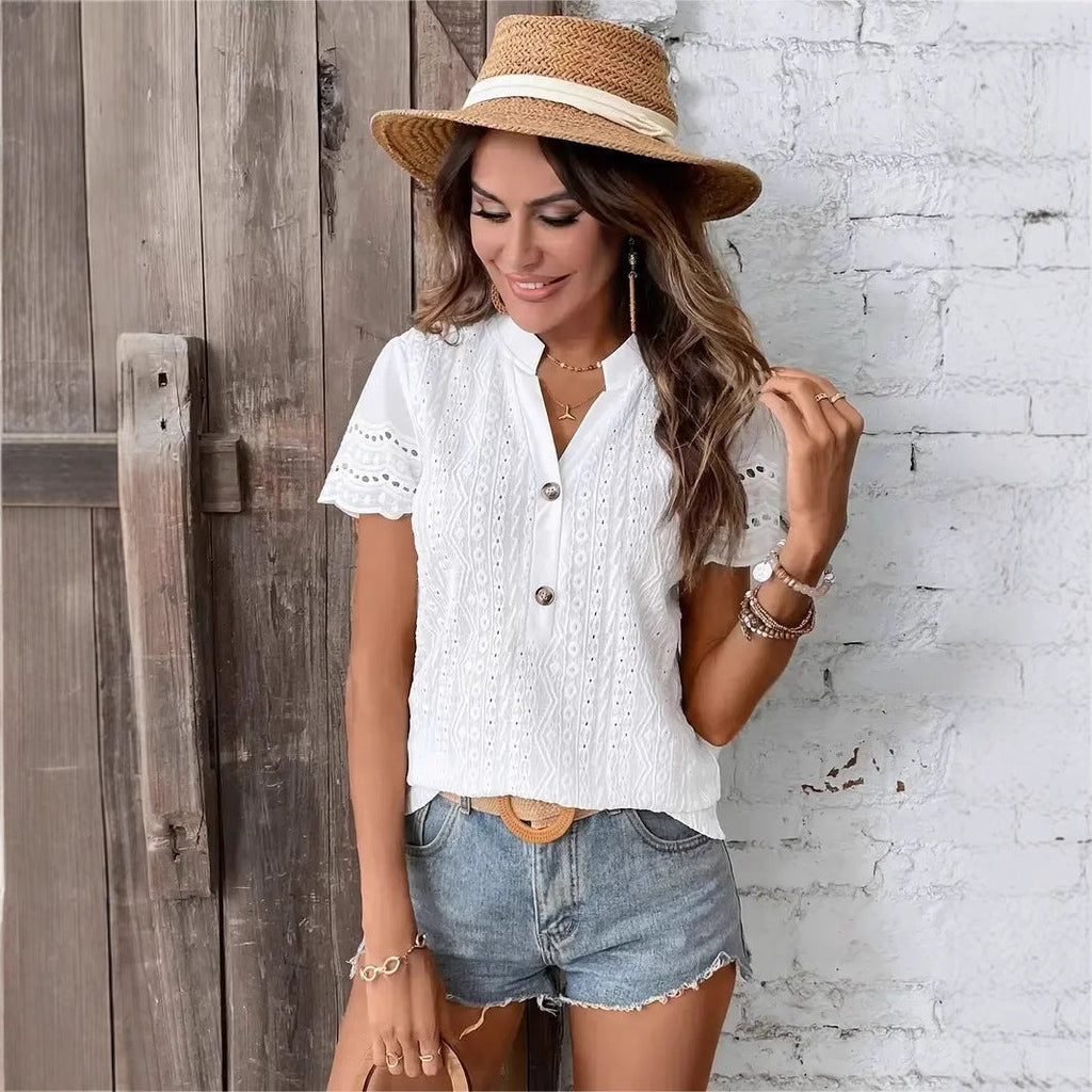 Damen elegantes Kurzarm-Bluse mit feiner Stickerei