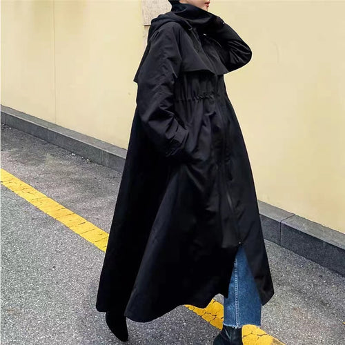 Damen Langer Oversize-Dustercoat mit Cape‑Passe, Tunnelzug‑Taillierung und hohem Stehkragen Shop Nory
