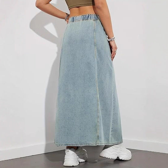 Damen Langer A-Linien Jeansrock mit elastischem Bund und Kordel Shop Nory