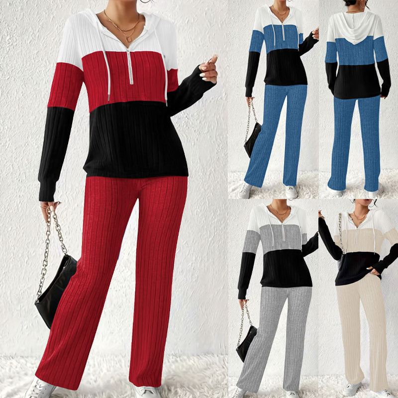 Damen Geripptes Lounge-Set mit Kapuzen-Halfzip und weitem Palazzo-Strickhose Shop Nory