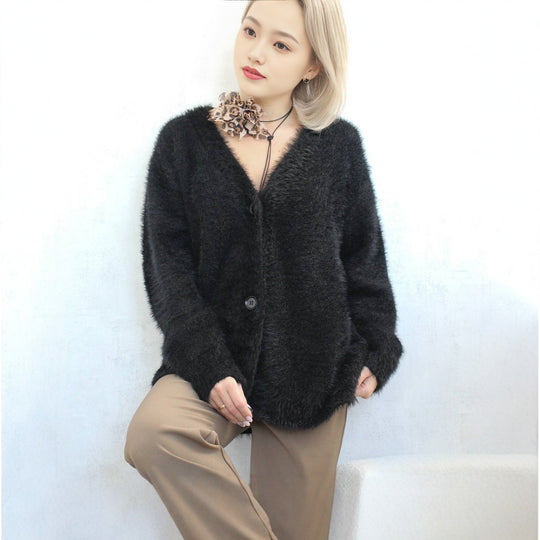 Damen Flauschige Mohair-Optik Strickjacke mit V-Ausschnitt und Oversize-Schnitt Shop Nory