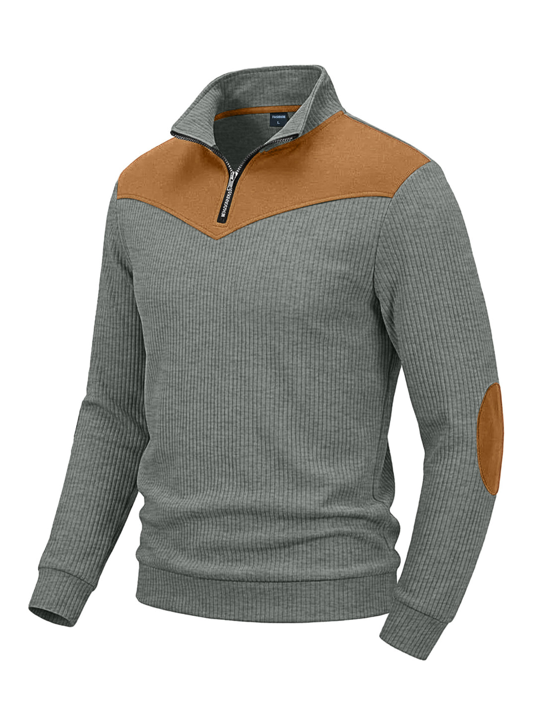 Herren Strickpullover mit Troyerkragen, Rippenstruktur und Ellbogen-Patches Shop Nory