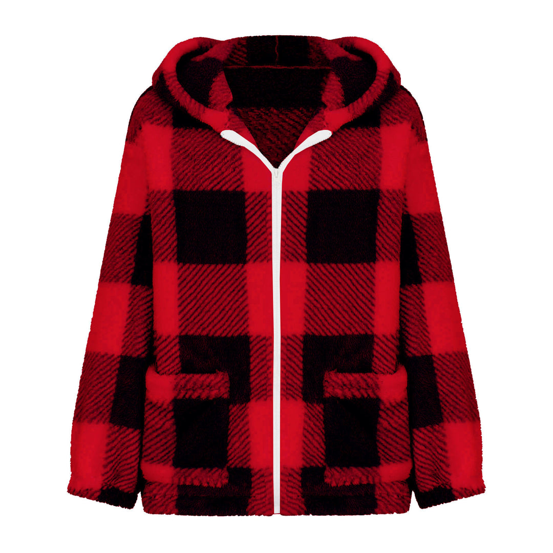 Damen nan dicke Karo-Teddyjacke mit Kapuze, Frontreißverschluss und aufgesetzten Taschen Shop Nory