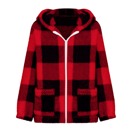 Damen nan dicke Karo-Teddyjacke mit Kapuze, Frontreißverschluss und aufgesetzten Taschen Shop Nory
