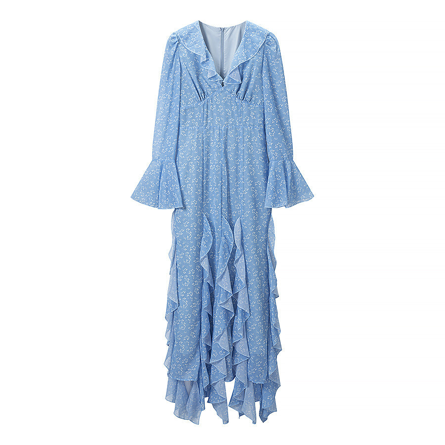 Damen Maxikleid mit V-Ausschnitt, Volantstufen und Trompetenärmeln Shop Nory