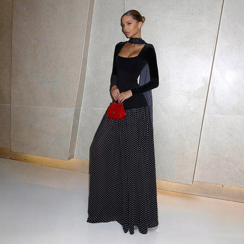 Damen Langärmeliges Maxikleid mit taillierter Silhouette, eckigem Ausschnitt und transparentem Chiffon‑Überrock Shop Nory