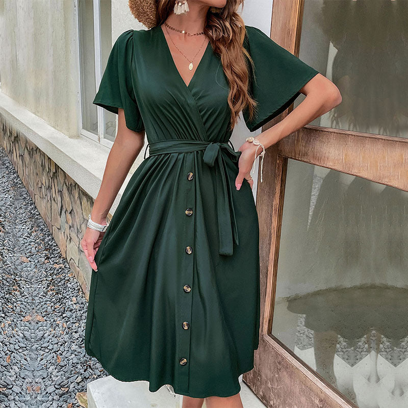 Damen Midi-Kleid mit eleganter Wickeloptik und praktischen Knopfdetails