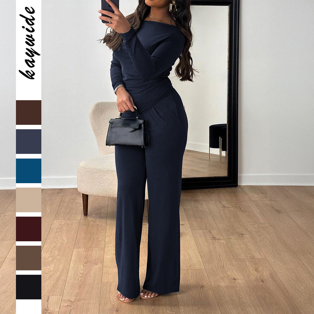 Damen nan zweiteiliges Jersey-Set mit asymmetrischer Wickeloptik, Langarmtop und weiter High‑Waist‑Hose Shop Nory