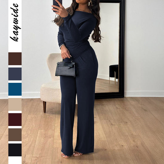 Damen nan zweiteiliges Jersey-Set mit asymmetrischer Wickeloptik, Langarmtop und weiter High‑Waist‑Hose Shop Nory