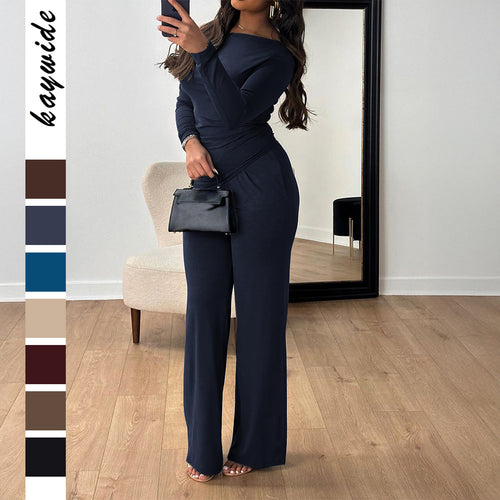 Damen nan zweiteiliges Jersey-Set mit asymmetrischer Wickeloptik, Langarmtop und weiter High‑Waist‑Hose Shop Nory