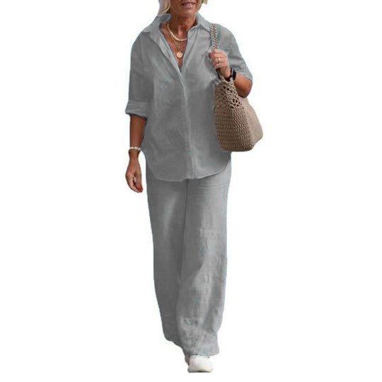 Damen Leichtes Leinen-Optik Zweiteiler mit Oversize-Hemd und weiter Palazzohose Shop Nory