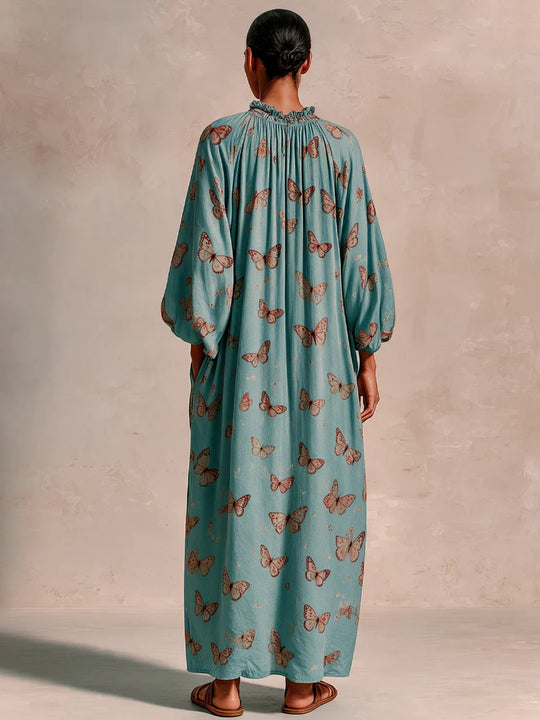 Damen Maxikleid im Boho-Caftan-Stil mit Schmetterlingsprint und geraffter Empire‑Taillen Shop Nory