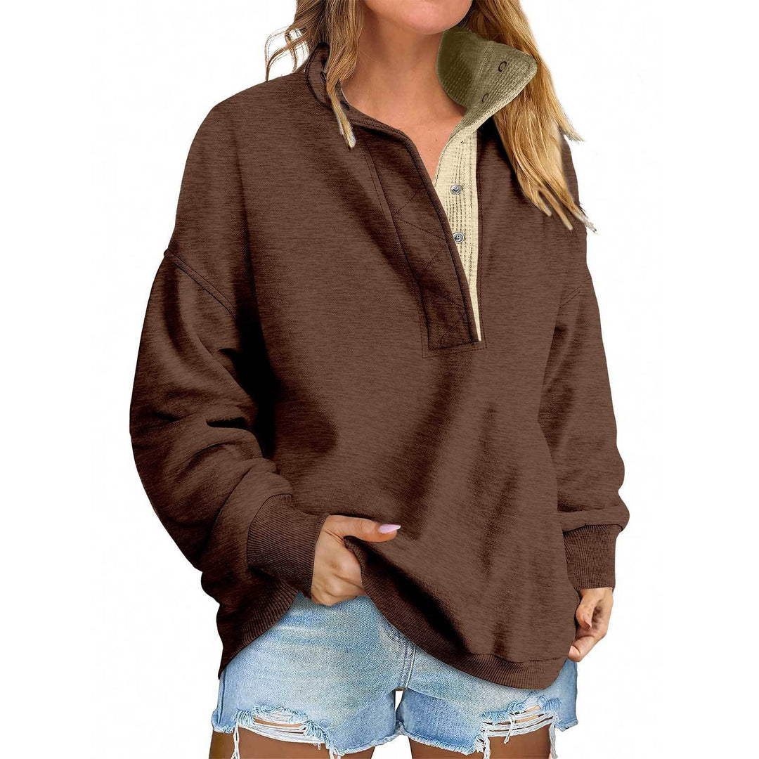 Damen Oversize-Henley-Sweatshirt mit Stehkragen und Druckknopfleiste Shop Nory